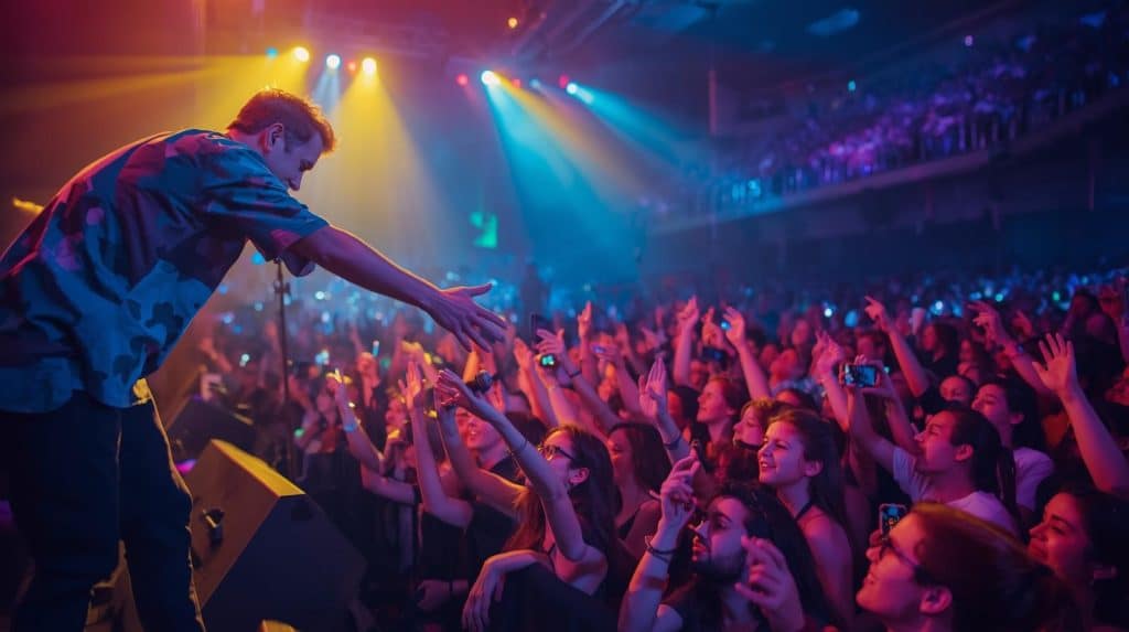 A live concert moment showing an artist connecting with fans, symbolizing loyalty and engagement.
