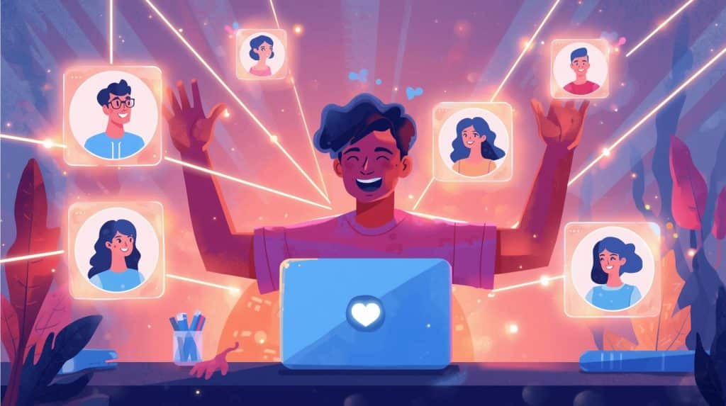 Artist engaging with online followers through digital devices, representing fan connection and loyalty.