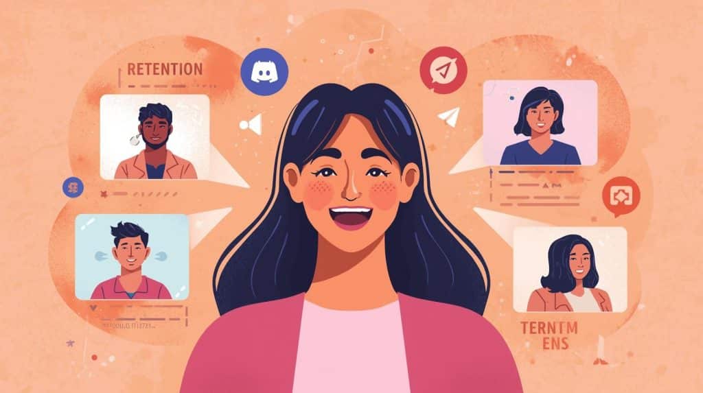Artist interacting with fans online through Discord, Facebook Groups, and Telegram, symbolizing retention and loyalty.