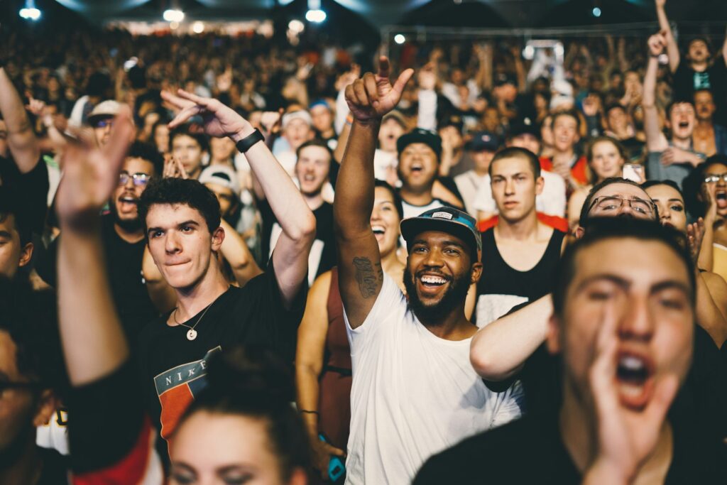 Fans singing along and cheering at a live concert
