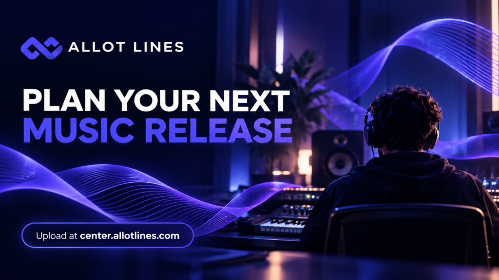 Allot Lines music release planning banner with a recording studio and violet sound ribbons.